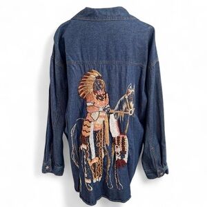 Vintage 90s Together Western Denim Shirt 2X Beaded Embroidered Cowboy